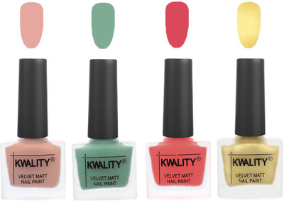 

Kwality Premium Quality Dull Velvet Matte Nail Polish Flat Brush Exclusive Combo (2201201911 ) Salmon Pink,Mischievous Mint,Baby Pink,Golden(Pack of 4)