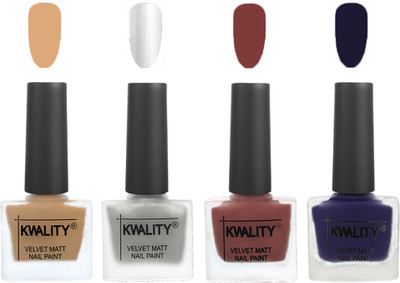 

Kwality Premium Quality Dull Velvet Matte Nail Polish Flat Brush Exclusive Combo (2201202048 ) Beige,Silver,Dark Tan,Royal Blue(Pack of 4)