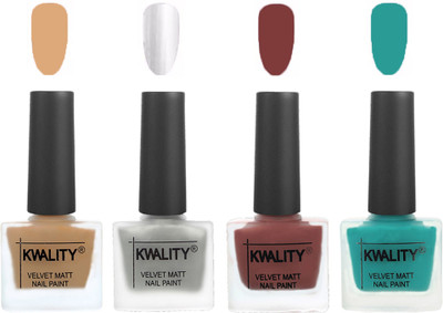 

Kwality Premium Quality Dull Velvet Matte Nail Polish Flat Brush Exclusive Combo (2201202047 ) Beige,Silver,Dark Tan,Sea Green(Pack of 4)