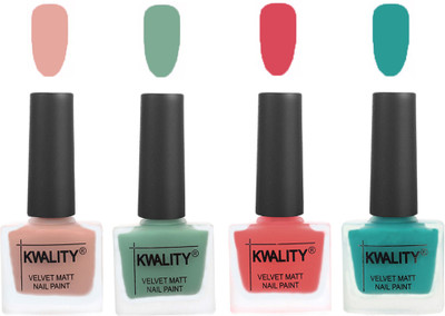 

Kwality Premium Quality Dull Velvet Matte Nail Polish Flat Brush Exclusive Combo (2201201917 ) Salmon Pink,Mischievous Mint,Baby Pink,Sea Green(Pack of 4)
