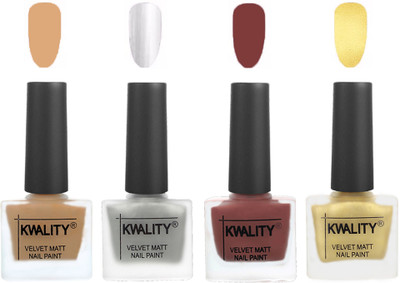 

Kwality Premium Quality Dull Velvet Matte Nail Polish Flat Brush Exclusive Combo (2201202041 ) Beige,Silver,Dark Tan,Golden(Pack of 4)