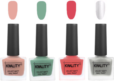 

Kwality Premium Quality Dull Velvet Matte Nail Polish Flat Brush Exclusive Combo (2201201904 ) Salmon Pink,Mischievous Mint,Baby Pink,Silver(Pack of 4)