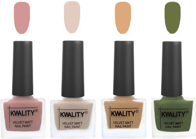 

Kwality Premium Quality Dull Velvet Matte Nail Polish Flat Brush Exclusive Combo (2201202005 ) Salmon,Light Beige,Beige,Olive Green(Pack of 4)