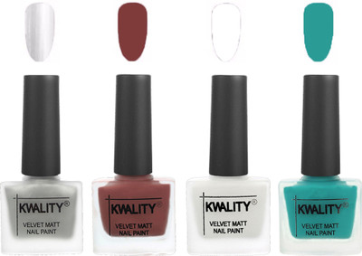 

Kwality Premium Quality Dull Velvet Matte Nail Polish Flat Brush Exclusive Combo (2201202070 ) Silver,Dark Tan,White,Sea Green(Pack of 4)
