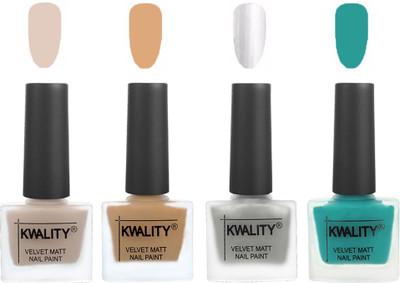 

Kwality Premium Quality Dull Velvet Matte Nail Polish Flat Brush Exclusive Combo (2201202023 ) Light Beige,Beige,Silver,Sea Green(Pack of 4)