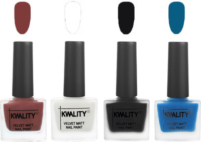 

Kwality Premium Quality Dull Velvet Matte Nail Polish Flat Brush Exclusive Combo (2201202096 ) Dark Tan,White,Black,Peacock Blue(Pack of 4)