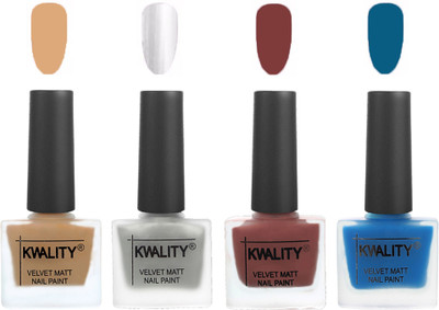 

Kwality Premium Quality Dull Velvet Matte Nail Polish Flat Brush Exclusive Combo (2201202051 ) Beige,Silver,Dark Tan,Peacock Blue(Pack of 4)