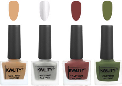 

Kwality Premium Quality Dull Velvet Matte Nail Polish Flat Brush Exclusive Combo (2201202054 ) Beige,Silver,Dark Tan,Olive Green(Pack of 4)