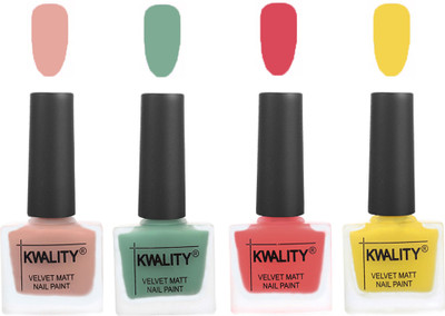 

Kwality Premium Quality Dull Velvet Matte Nail Polish Flat Brush Exclusive Combo (2201201913 ) Salmon Pink,Mischievous Mint,Baby Pink,Yellow(Pack of 4)