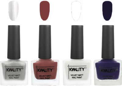 

Kwality Premium Quality Dull Velvet Matte Nail Polish Flat Brush Exclusive Combo (2201202071 ) Silver,Dark Tan,White,Royal Blue(Pack of 4)
