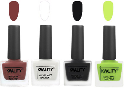 

Kwality Premium Quality Dull Velvet Matte Nail Polish Flat Brush Exclusive Combo (2201202087 ) Dark Tan,White,Black,Light Lemon Green(Pack of 4)