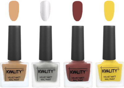 

Kwality Premium Quality Dull Velvet Matte Nail Polish Flat Brush Exclusive Combo (2201202043 ) Beige,Silver,Dark Tan,Yellow(Pack of 4)