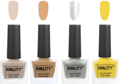 

Kwality Premium Quality Dull Velvet Matte Nail Polish Flat Brush Exclusive Combo (2201202019 ) Light Beige,Beige,Silver,Yellow(Pack of 4)
