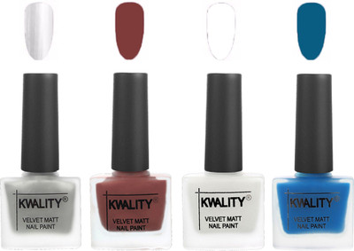 

Kwality Premium Quality Dull Velvet Matte Nail Polish Flat Brush Exclusive Combo (2201202074 ) Silver,Dark Tan,White,Peacock Blue(Pack of 4)