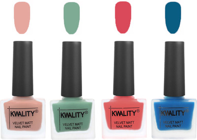 

Kwality Premium Quality Dull Velvet Matte Nail Polish Flat Brush Exclusive Combo (2201201921 ) Salmon Pink,Mischievous Mint,Baby Pink,Peacock Blue(Pack of 4)