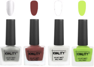 

Kwality Premium Quality Dull Velvet Matte Nail Polish Flat Brush Exclusive Combo (2201202065 ) Silver,Dark Tan,White,Light Lemon Green(Pack of 4)