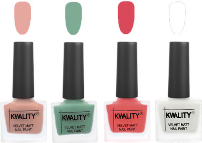 

Kwality Premium Quality Dull Velvet Matte Nail Polish Flat Brush Exclusive Combo (2201201906 ) Salmon Pink,Mischievous Mint,Baby Pink,White(Pack of 4)