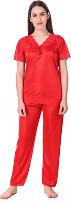 Bombshell Women Solid Red Top & Pyjama Set