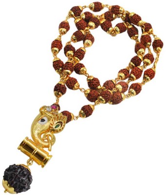 Sullery Religious Jewelry Cubic Zironium Lord Shree Ganesh Locket With Golden Cap Panchmukhi Rudhrasha Mala Gold-plated Brass, Wood, Crystal Pendant Set