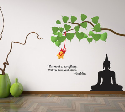 WALLSTICK 110 cm Tree With Buddha Removable Sticker(Pack of 1)
