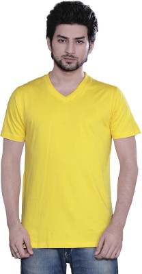 zebu Solid Men V Neck Yellow T-Shirt