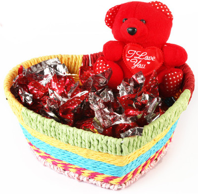 

Ghasitaram Gifts Heart Basket with Teddy and Chocolates Bars(Pack of 3, 225 g)