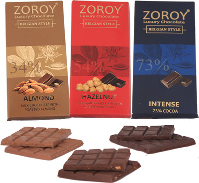 

Zoroy Luxury Chocolate Set of 3 Belgian couverture Bars - 70% Dark, roasted almonds and Hazelnut chocolate bar Bars(Pack of 3, 300 g)