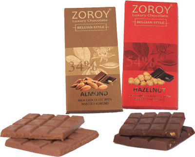 

Zoroy Luxury Chocolate Nutty Doubles- Set of Pure Belgian couverture Milk Almond and Dark Hazelnut bar Bars(Pack of 2, 200 g)