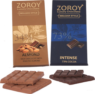 

Zoroy Luxury Chocolate Belgian couverture 70% Dark and Milk chocolate Roasted almond Bar Combo Bars(Pack of 2, 200 g)