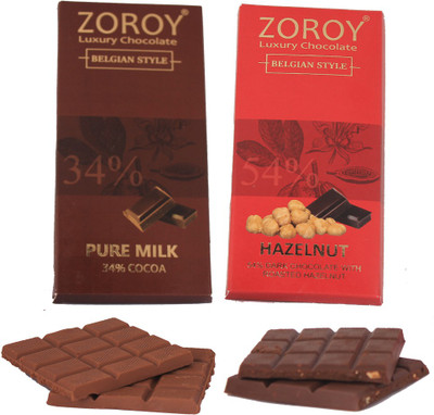 

Zoroy Luxury Chocolate Milk and Dark Combo- Set of Pure Belgian couverture Milk chocolate and Dark chocolate Hazelnut bars Bars(Pack of 2, 200 g)