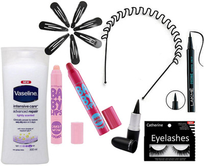 

catherine Eyelashes, Vaseline Advanced Repair Body Lotion, Zigzek Hair Band, Hair Clips-7, mac Stick Kajal, Maybelline Baby Lips Lip Balm-2, Lakme Eyeconic Eyeliner(Set of 14)