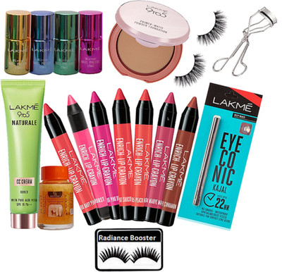 

radiance booster Eyelashes & Lakme 9 to 5 Naturale CC Cream & Enrich Lip Crayon (Pack OF 7) & Eyelashes Curler & Eyeconic Kajal & Miror Nail Paint (Pack Of 4) & Primer Matte Compact & Nail Paint Remover(Set of 18)