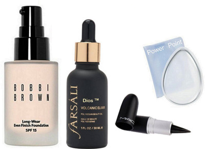 power point silicone puff, bobbi brown long wear foundation,farsali volcanic elixir 30 ml,stick kajal(Set of 4)