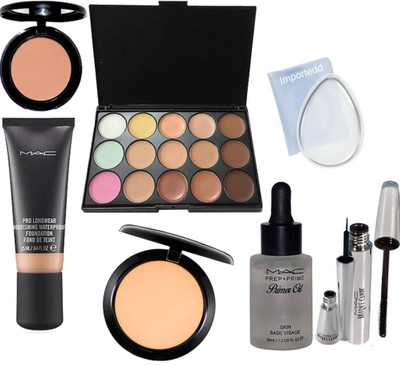 

importedd silicon puff, Mac pro long wear foundation, 15 shade concealer palette, prep+prime primer oil, brooke candy eyeliner and mascara, studio fix compact, star trik blusher(Set of 8)