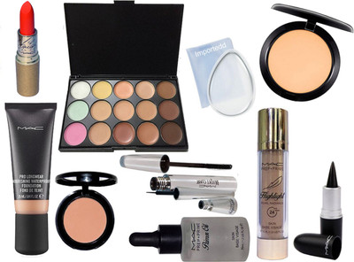 

importedd silicon puff, Mac pro long wear foundation, 15 shade concealer palette, prep+prime highlighter, primer oil, brooke candy eyeliner and mascara, studio fix compact, star trik blusher, mariah carey lipstick with stick kajal(Set of 11)