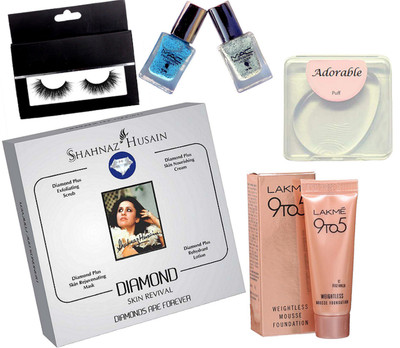 

Adorable Silicon puff, Shahanz Husain Diamond Facial kit , Mac nail paint pack of 2, Eyelashes, lakme Weightless mousse foundation(Set of 6)