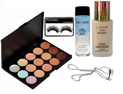 

pink palace Eyelashes, 15 shade concealer palttte, Bobbi brown instant long wear make up remover, eyelashes curler, Lakme 9to5 naturale foundation(Set of 5)