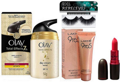 

REBELEYES Eyelashes and Olay Total Effect 7 in One Day Cream and 9to5 Mousse foundation and Mac lipstick(Set of 4)