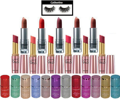 catherine eyelashes, Lakme mirror nail polish pack of 12, enrich and 9to5 lipstick pack of 12(Set of 25)