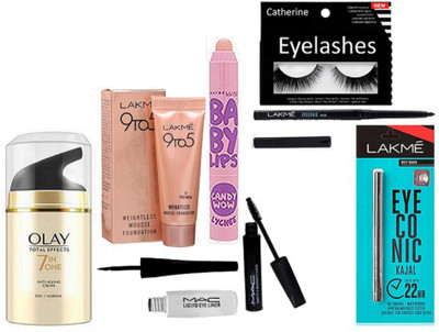 

catherine Eyelashes, Mac Eyeliner & Mascara, Lakme Eyeconic Kajal, Eyeliner, 9to5 Mousse Foundation, Olay Cream, Maybelline Lip Balm(Set of 8)