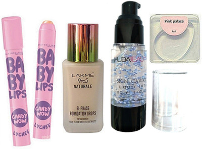 

pink palace Silicon puff, Lakme 9to5 naturale foundation, Mac prep+prime skin cavier primer, Maybelline candyu wow lip balm(Set of 4)