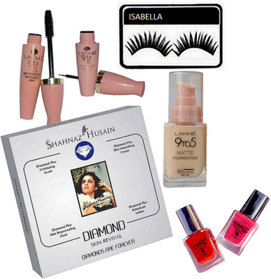 

ISABELLA eyelashes ,9to5 eyeliner,mascara,mac nail paint pack of 2, matte foundation,shahnaz husain diamond facial kit(Set of 7)