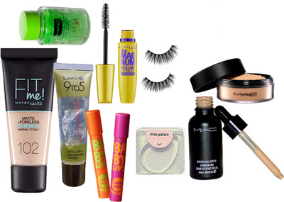 

pink palace Silicon puff, Mac hyper real foundation, loose powder, fit me 102 foundation, Lakme 9to5 infallable mattifying primer, maybelline candy wow lip balm pack of 2, the magnum mascara,nailpaint remover(Set of 10)