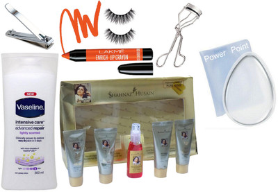 

power point silicone puff, shahnaz husain facial kit,vaseline intensive care advance repair lightly scented ,nail cutter,eyelashes curler, lakme inrich lip crayon and eyelashes(Set of 7)