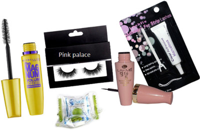 

pink palace Eyelashes, eyelashes glue, Lakme 9to5 eyeliner, magic napkin pack of 3, Maybelline the mag nam mascara(Set of 5)