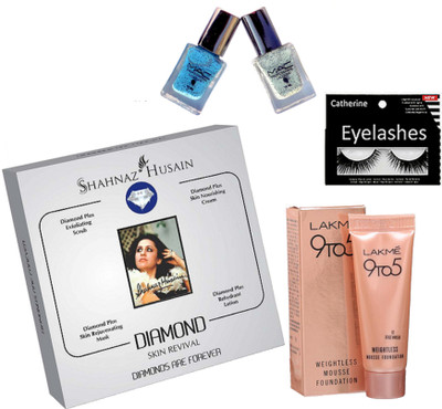 

catherine Eyelashes, Mac Nail Paint (pack of 2), Shahnaz Husain Diamond Facial Kit, Lakme Mousse Foundation(Set of 5)
