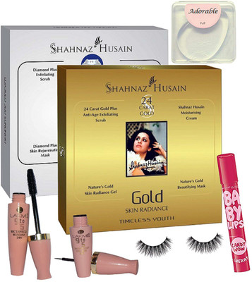 

Adorable Silicon puff, Shahnaz husain gold & diamond facial kit , lakme 9to5 eyeliner & mascara, eyelashes, maybeillene new york baby lips(Set of 7)