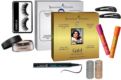 

ISABELLA eyelashes ,,mac nail paint pack of 2, ,shahnaz husain diamond facial kit,gold facial kit,lakme eyeconic kajal,hair clip pack of2,baby lipbam pack of 2,loose powder(Set of 11)