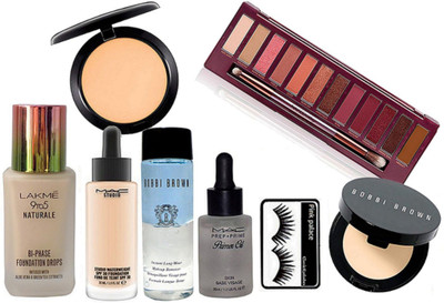 

pink palace Eyelashes, naturale foundation, compact, studio water weight fond de tent foundation, prep+prime primer oil, cherry eyeshdow palette, instant long wear make up remover + concealer(Set of 8)