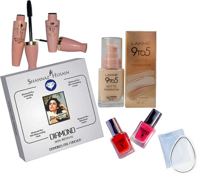 

Ellie Silicone Puff, Mac Nail Paint 2, Lakme 9to5 Matte Foundation, Eyeliner & Mascara, Shahnaz Husain Diamond Facial Kit(Set of 7)